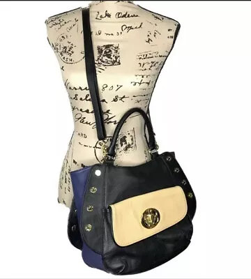 $65 • Buy Emma Fox Classic Studded Satchel Tri-Color Black Navy Cream Leather Crossbody