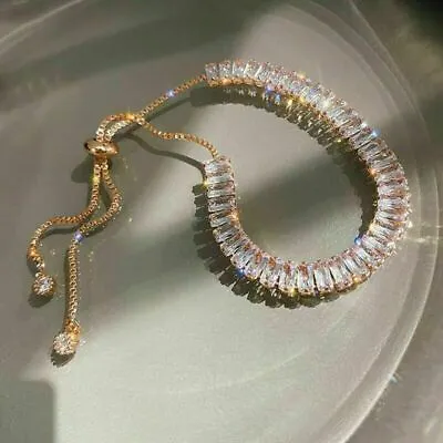 £3.91 • Buy 925 Silver Gold Zircon Crystal Bracelet Bangle Women Wedding Jewelry Adjustable