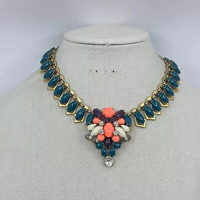 J. Crew Statement Necklace Blue Pink 3D Chunky Pendant Gold Tone Jewelry • $34.95