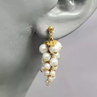 Vintage Dainty Faux White Pearl Grape Cluster Dangle Earrings With Leaves  • $13