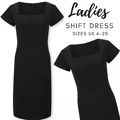 Ladies Black Shift Dress Knee Length Professional Smart Square Neck Size 6-20 UK • £9.99