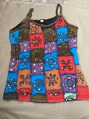 Made In Nepal Patchwork Hand Painted Boho Hippie Tank Top Cotton SZ XL • $21