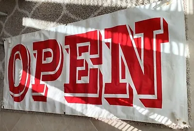 Large Vintage Red White Vinyl OPEN Banner Sign Grommets & Ties NEVER USED 72x35 • $39.97