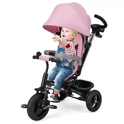 4-in-1 Baby Tricycle Toddler Trike W/ Reversible Seat Canopy & Push Handle Pink • $98.49