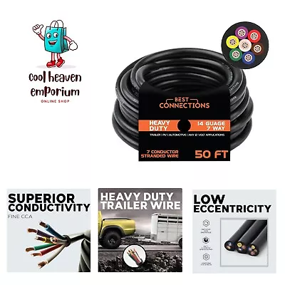 7 Way Trailer Wire 50 Feet – Heavy Duty 14 Gauge 7 Conductor Insulated Cable ... • $74.99