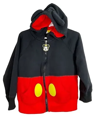 Disney Mickey Mouse Costume Zip Up Hoodie Child Size 4 With Ears 100% Cotton • $14.98