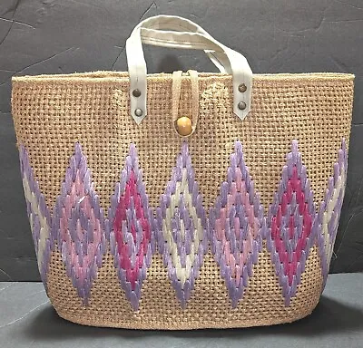 Vintage Straw Raffia Embroidered Large Structured Tote Beach Shopping Bag • $23.99