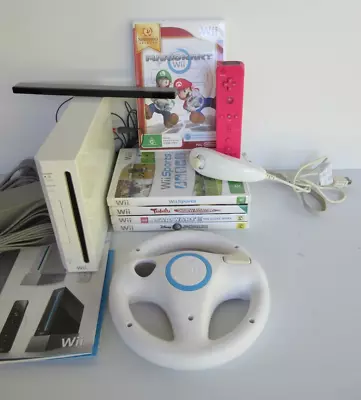 Nintendo Wii Console Bundle With Mario Kart + Wheel - 5 X Games - Free Postage • $139