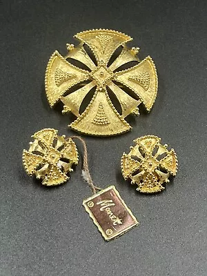 Monet Maltese Cross Brooch & Earring SET Original Tag Gold Tone • $14