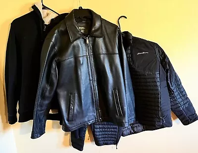 Vintage Eddie Bauer Black Leather Jacket Men Large Zip Coat Sherpa Thermo Lot • $125