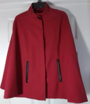 Ellen Tracy Red Black Cape Coat Jacket Faux Leather Zip Trim  Buttons Classy P/S • $60.19