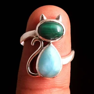 Green Malachite Gemstone Solid 925 Sterling Silver Jewelry Cat Ring Size US 5 • $16.65