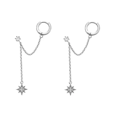 Silver CZ Double Ear Holes Huggie Hoop Stud Dangle Chain Star Earrings PE60 • $12.95