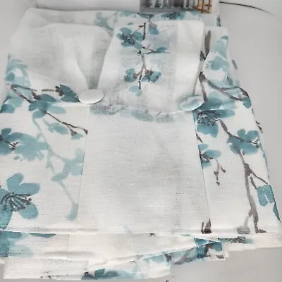 DKNY 32x96 Spring Blossom Inverted Pleat Button Curtains Green Flowers Aqua Teal • $71.99