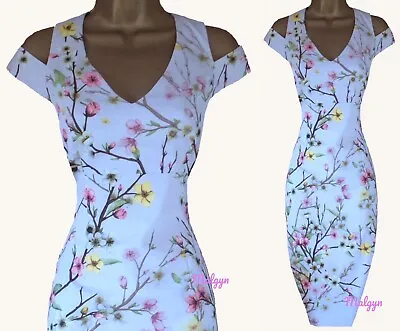 Karen Millen ✩ Stunning Pale Blue Blossom Cold Shoulder Pencil Dress ✩ Uk 10 • £79.99