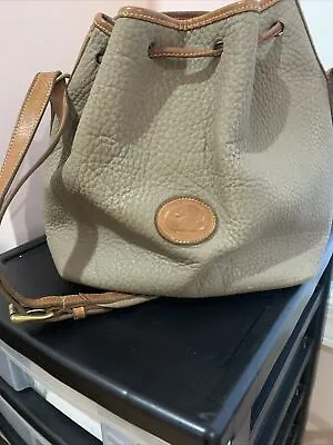 Vintage Large Dooney & Bourke Pebbled Leather Drawstring Shoulder Bag Beige/tan • $39.99