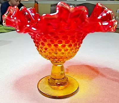 Vintage Fenton Hobnail Red Amberina Glass Ruffled Edge Compote Candy Dish • $100