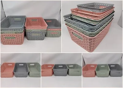 Rattan Polyrattan Handy Storage Baskets Small Medium Large Pink Grey Green • £6.24