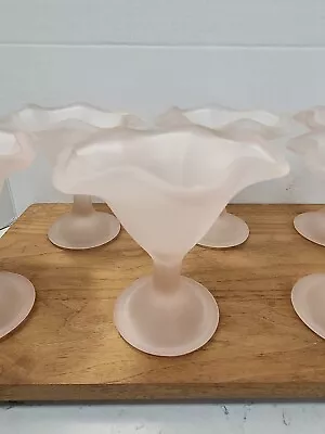 Vtg Frosted Satin Pink Ruffled Edge Glass Sundae Pedestal Dessert Dish Set Of 6 • $40.80