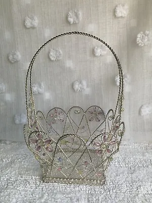 Vintage Metal Wire Basket With Beads & Flowers • $12.50