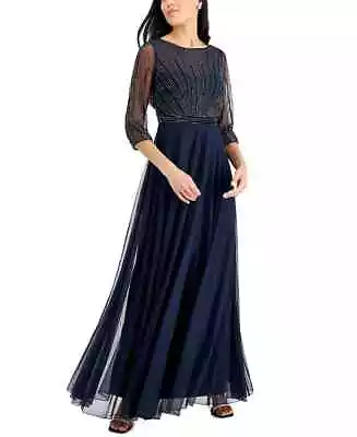 J Kara Beaded Mesh-Sleeve Gown MSRP $369 Size 6 # 14A 1555 Blm • $28.58