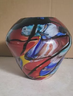 Art Glass Bowl Vase Stunning Multi-Color Glazed Heavy Hand Blown From Viz Glass • $27