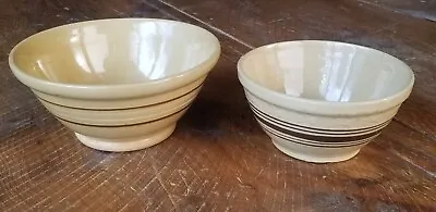 PAIR Antique Yelloware Stoneware Mixing Bowl Banded Stripe Mocha Large Americana • $59.99