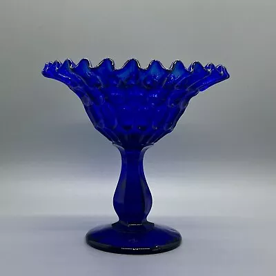 Vintage Cobalt Blue Thumb Print Pedestal Compote Candy Dish Crimped Edge • $8