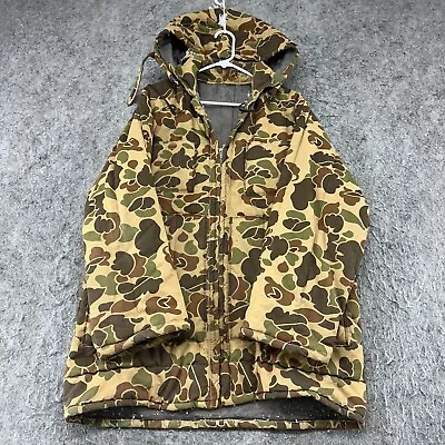 VINTAGE Jacket Mens Large Brown Duck Camo Full Zip Parka Hooded Hunting 90s • $24.95