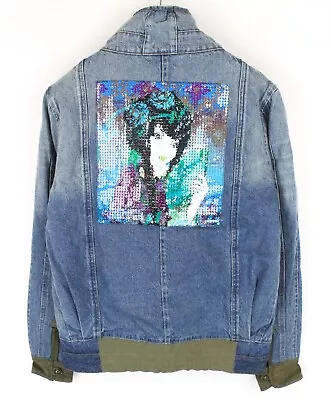 DESIGUAL 40 Women Jacket Washed Sequins Blue Denim Long Sleeve Pure Cotton _ • $96