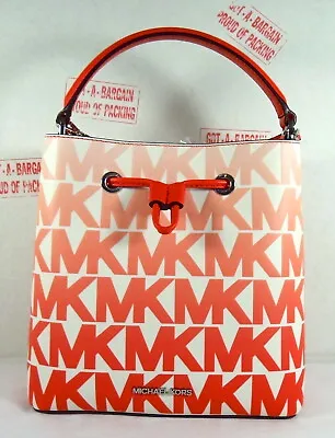 Michael Kors Suri Medium Graphic MK Signature Coral Patent Bucket Crossbody Bag • $149.98