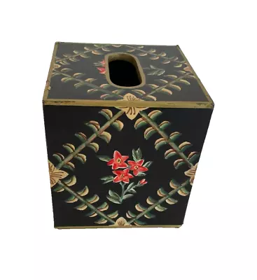 Vtg Allen G Designs Tole Painted Tissue Box Cover_Trellis Floral_Black_Gilt_RARE • $10