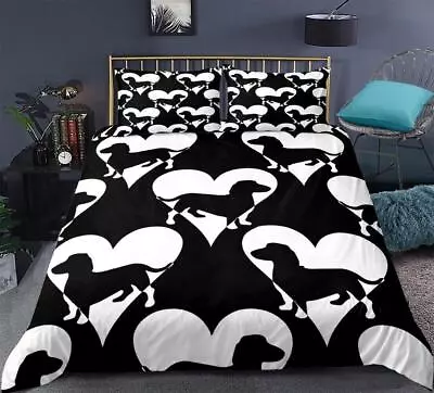 Dachshund Sausage Dog With Black Hearts Quilt Duvet Cover Set Full • $54.99