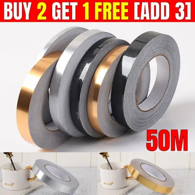 50M Roll Brushed Metallic Gold Silver Strip Stickers Tape Wall Decals Strips NEW • £7.99