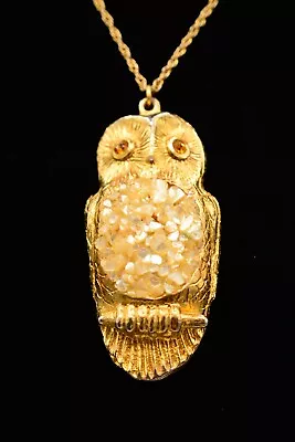 JEM 71 Vintage Owl Pendant Necklace Pressed Glass Gold Tone Signed Bin7B • $29.56