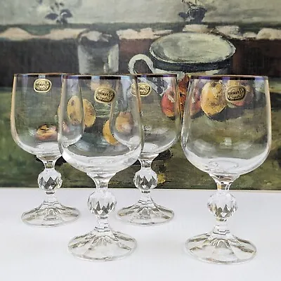 Bohemian Crystal Wine Water Goblets Claudia Gold Trim Set Of 4 Vintage 6  • $41.21