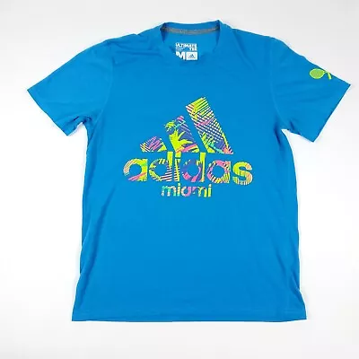 Adidas Miami Script Blue Graphic Short Sleeve T-Shirt Adult Mens Size Medium  • $19.99