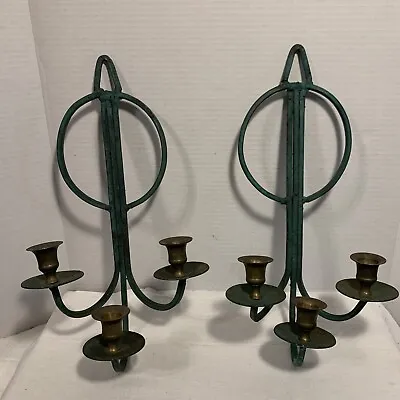 VTG Set Of Brass Sconces Missions Deco Wall Candle Holders Green Verdigris Pair • $39.90
