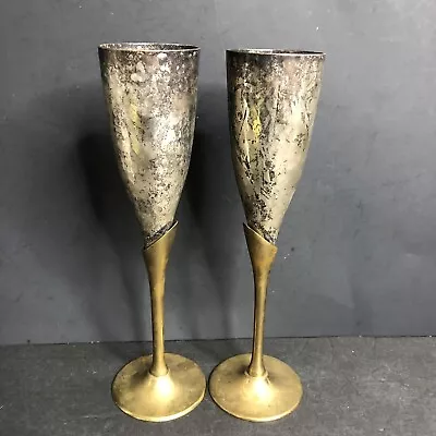Vintage PENCO Brass Stemmed Tulip Wine Goblets Silver Plated Chalice Set Of 2  • $15
