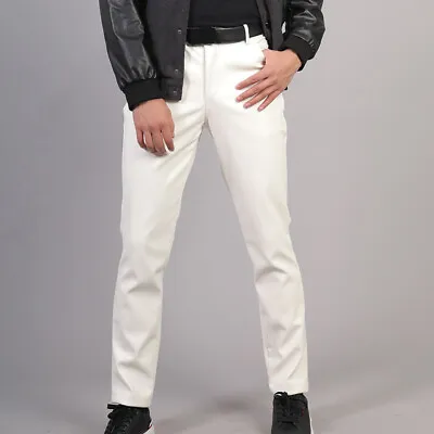 Mens Slim Fit Solid Color Biker Pants Men Work Casual Button Faux Leather Pant • $50.55