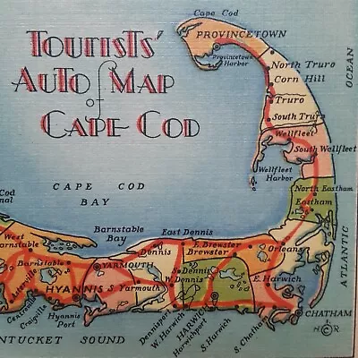 Tourists Auto Map Of Cape Cod Vintage Linen Postcard Cape Cod Massachusetts • $5.69