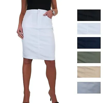 Ladies Knee Length Jeans Style Pencil Skirt Stretch Chino 8-20 (Slight Damage) • £5.49