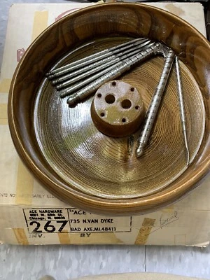 $40 • Buy Vintage Wooden Nut-Cracker Bowl Rustic Tree Bark W/ Cracker And 4 Pick Set
