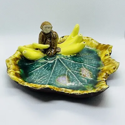 Majolica Pottery Monkey With Bananas Leaf Candy Dish Trinket Tray Vintage • $54.95