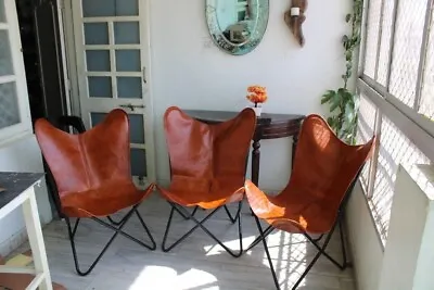 Leather Butterfly Chair Leather Living Room Set Of 3 Premium Vintage Chair • $379.99