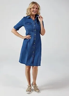 £16 • Buy Nina Leonard Elbow Sleeve Button Up Stretch Denim Dress, Size 3XL, BNWT