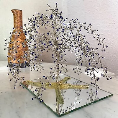 Silver & Blue Beaded Weeping Willow Jewelry Display Holder With Mirrored Base • $25