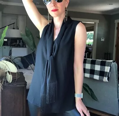 Cabi Sz M Black Fringed Tie Neck Shawl Scarf Sleeveless Tank Top Button Up • $36.19