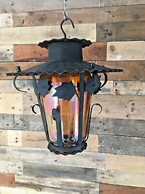 Decorative Arts & Crafts Style Iridescent Amber Glass Hanging Porch Hall Lantern • £45