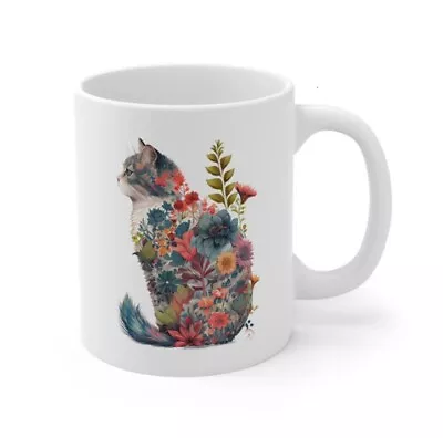 Floral Cat Mug Cat Mom Cat Lover Gift Blooming Floral Coffee Cup 11 Oz • $6.80